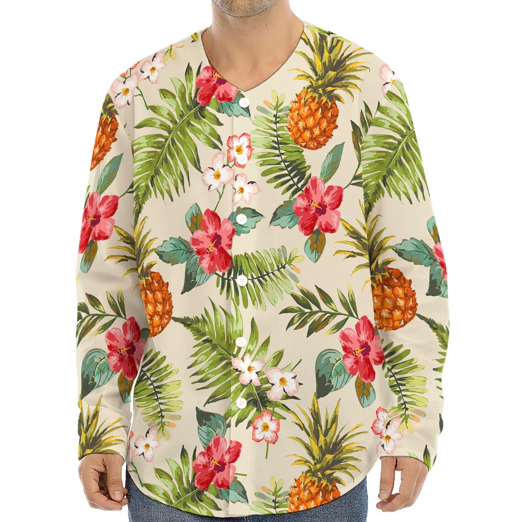 White Aloha Pineapple Pattern Print Long Sleeve Baseball Jersey