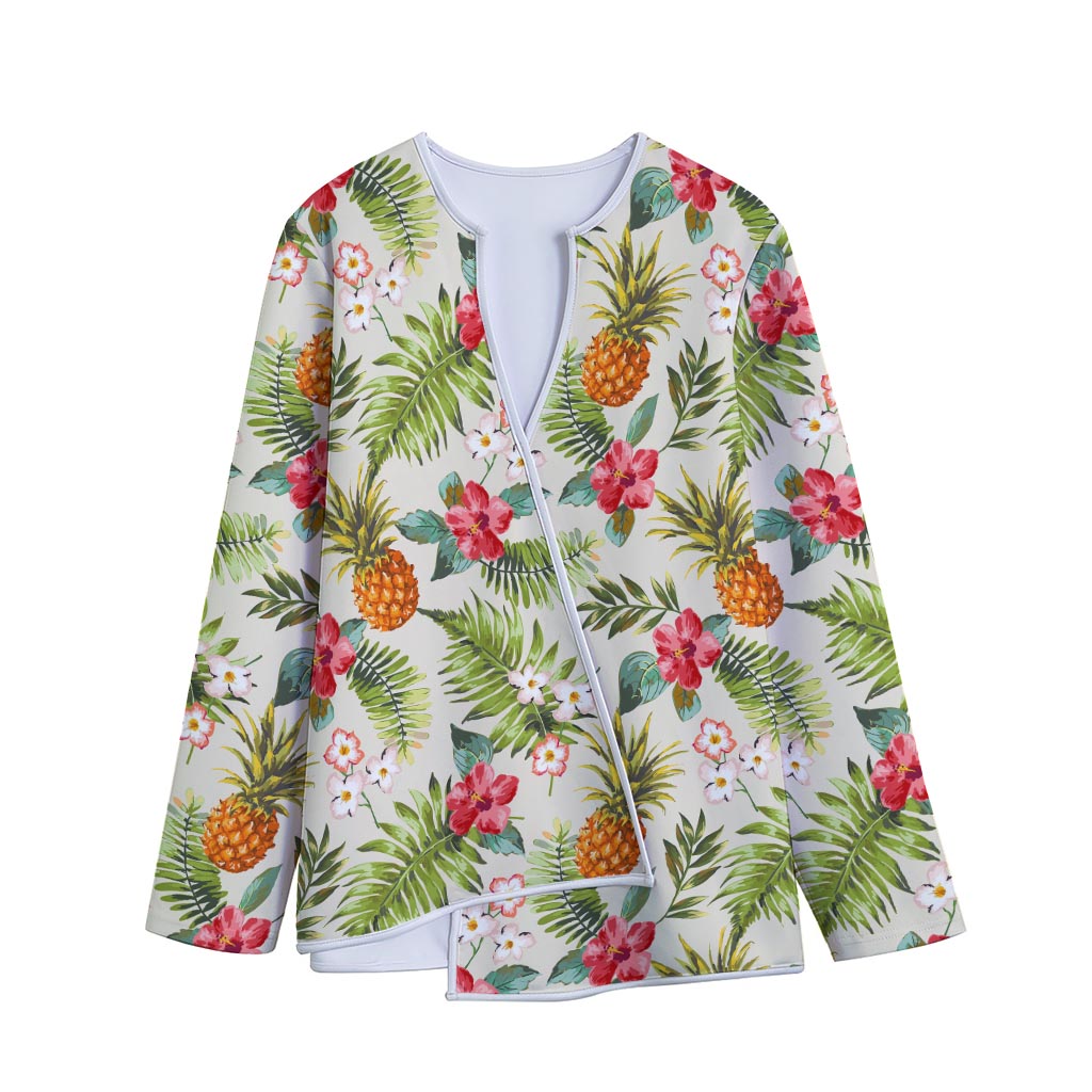 White Aloha Pineapple Pattern Print Long Sleeve Short Coat