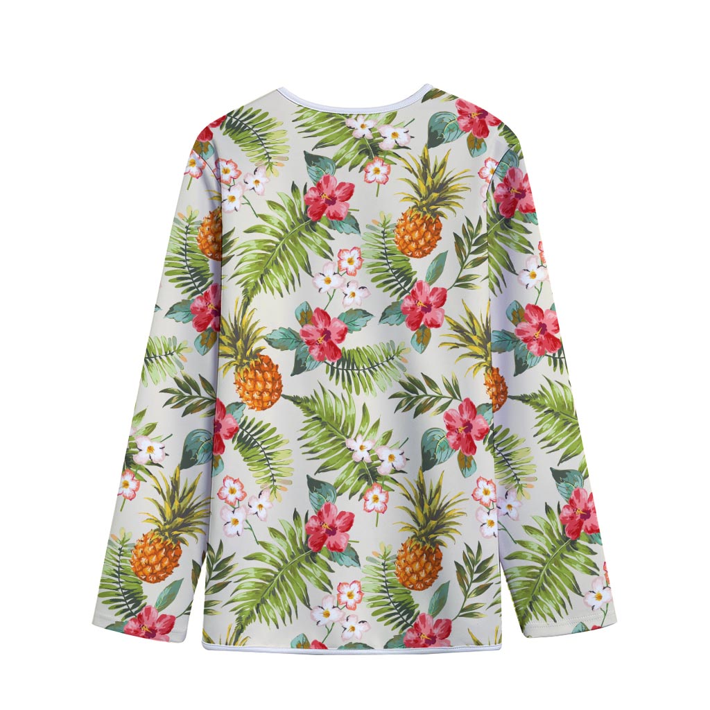 White Aloha Pineapple Pattern Print Long Sleeve Short Coat