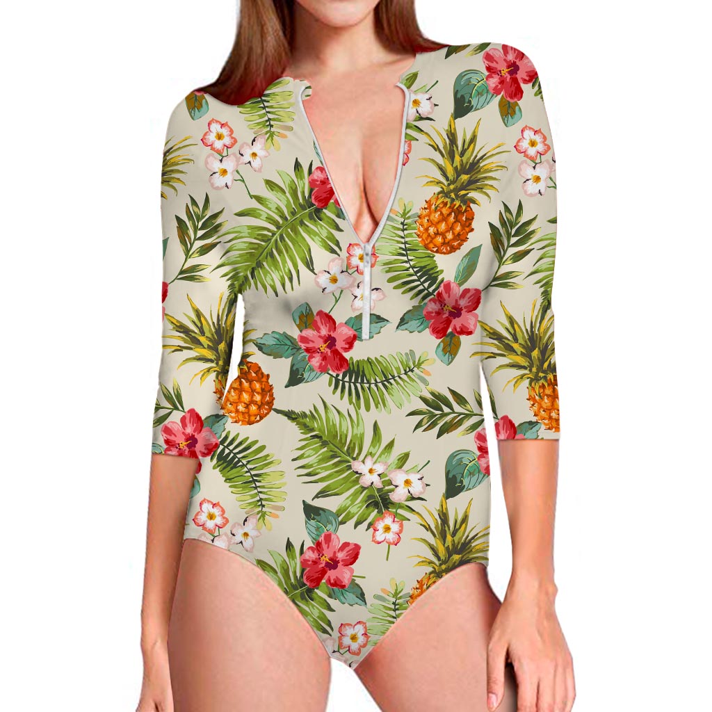 White Aloha Pineapple Pattern Print Long Sleeve Swimsuit