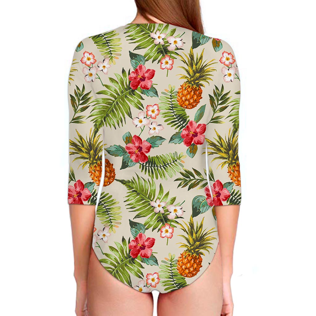 White Aloha Pineapple Pattern Print Long Sleeve Swimsuit