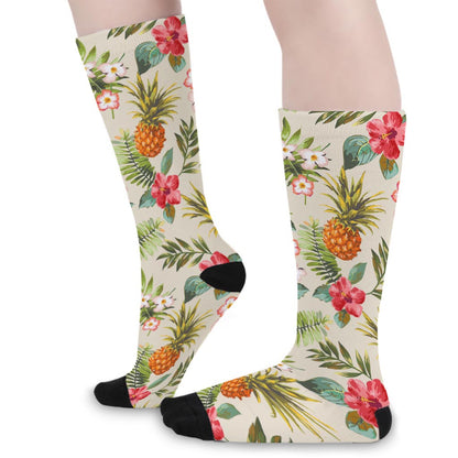 White Aloha Pineapple Pattern Print Long Socks