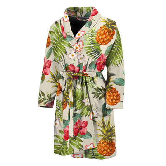 White Aloha Pineapple Pattern Print Men's Bathrobe