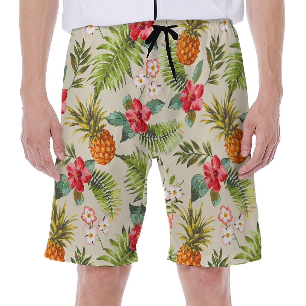 White Aloha Pineapple Pattern Print Men's Beach Shorts