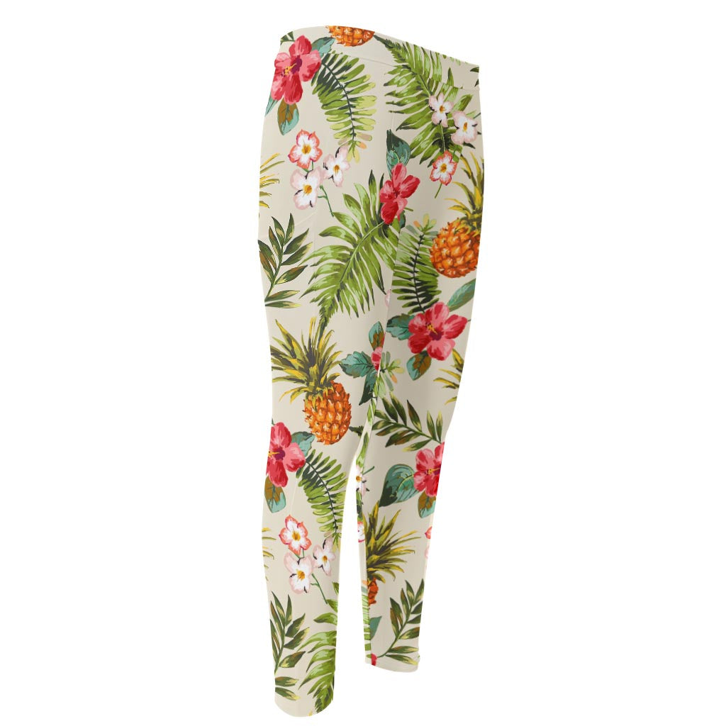 White Aloha Pineapple Pattern Print Men's Compression Pants