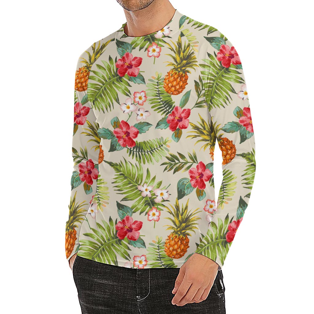 White Aloha Pineapple Pattern Print Men's Long Sleeve Rash Guard