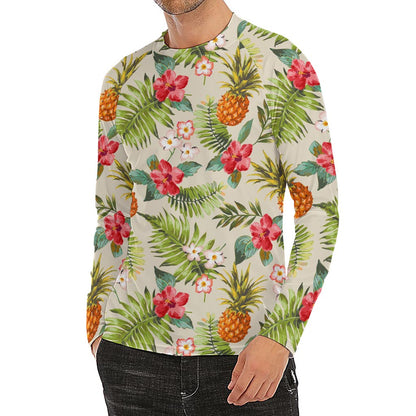White Aloha Pineapple Pattern Print Men's Long Sleeve Rash Guard