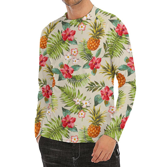White Aloha Pineapple Pattern Print Men's Long Sleeve Rash Guard