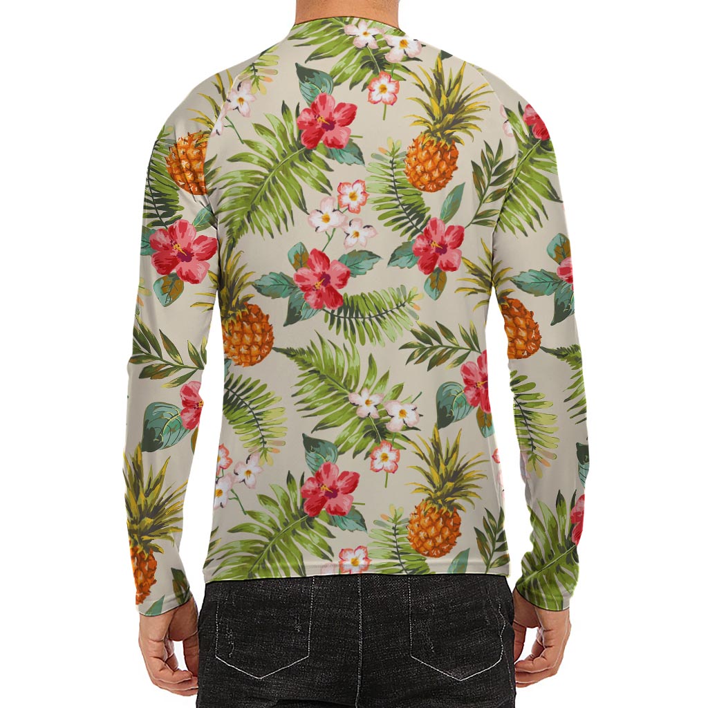 White Aloha Pineapple Pattern Print Men's Long Sleeve Rash Guard