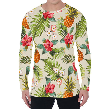 White Aloha Pineapple Pattern Print Men's Long Sleeve T-Shirt