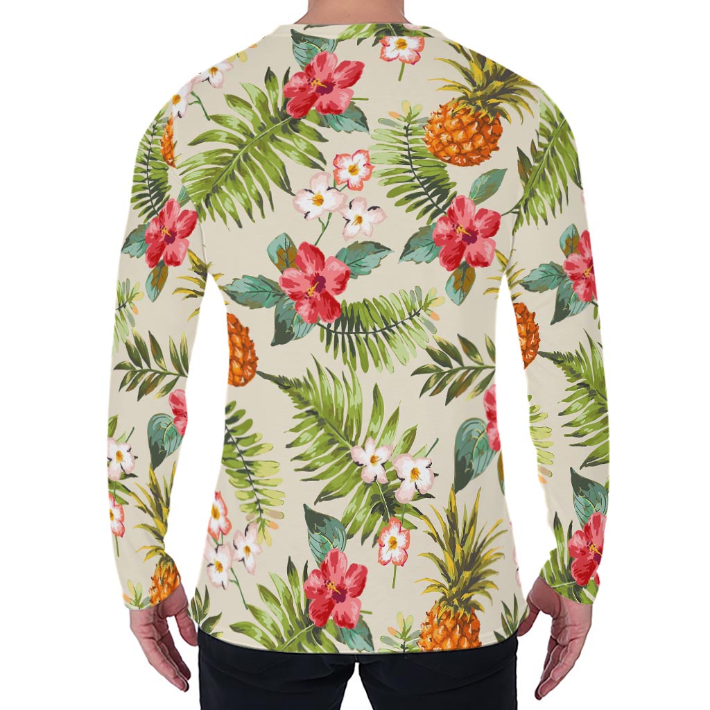White Aloha Pineapple Pattern Print Men's Long Sleeve T-Shirt