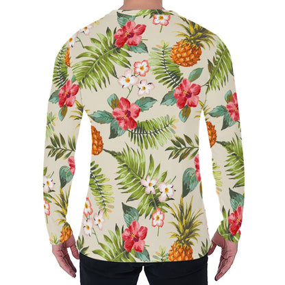 White Aloha Pineapple Pattern Print Men's Long Sleeve T-Shirt