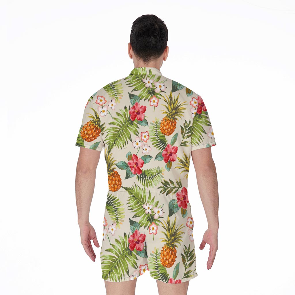 White Aloha Pineapple Pattern Print Men's Rompers