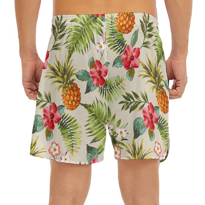 White Aloha Pineapple Pattern Print Men's Split Running Shorts