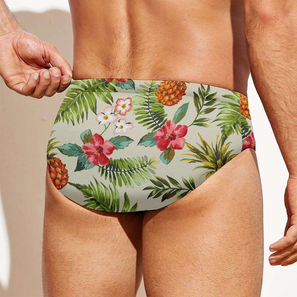 White Aloha Pineapple Pattern Print Men's Swim Briefs