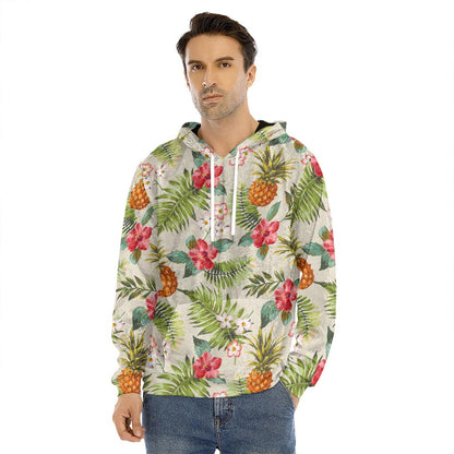 White Aloha Pineapple Pattern Print Men's Velvet Pullover Hoodie