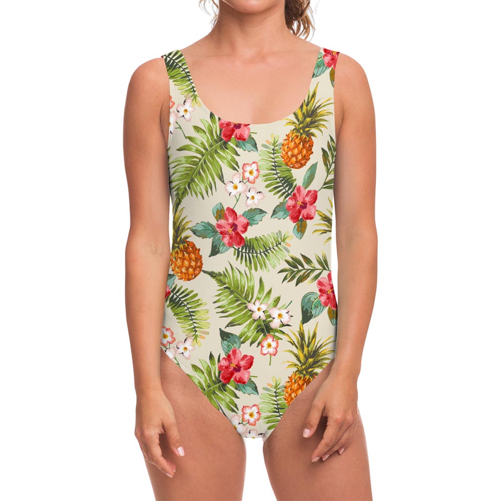 White Aloha Pineapple Pattern Print One Piece Swimsuit