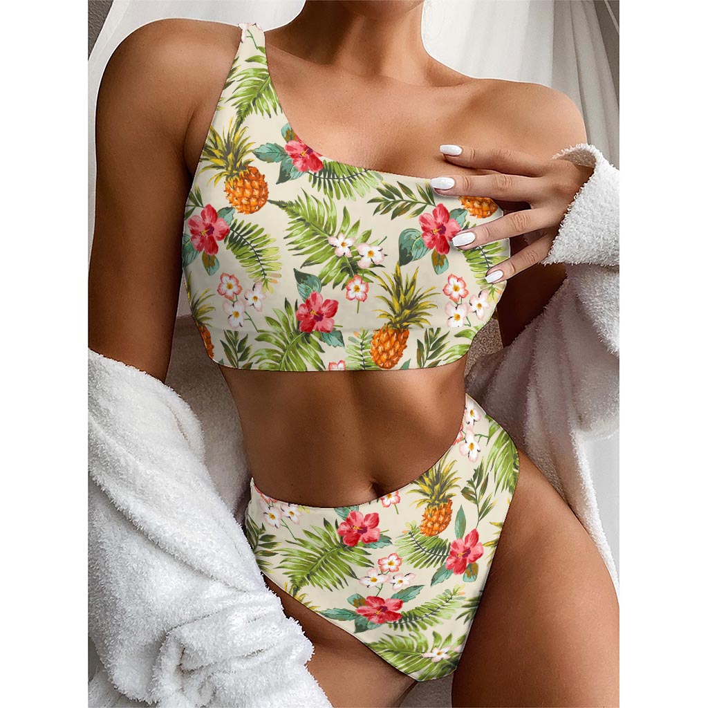 White Aloha Pineapple Pattern Print One Shoulder Bikini Top