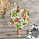 White Aloha Pineapple Pattern Print One Shoulder Bodysuit