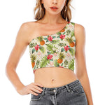 White Aloha Pineapple Pattern Print One Shoulder Crop Top