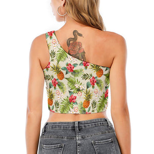 White Aloha Pineapple Pattern Print One Shoulder Crop Top