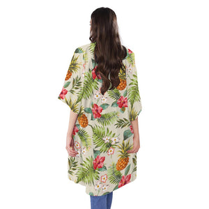 White Aloha Pineapple Pattern Print Open Front Beach Cover Up