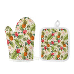 White Aloha Pineapple Pattern Print Oven Mitt And Pot Holder Set