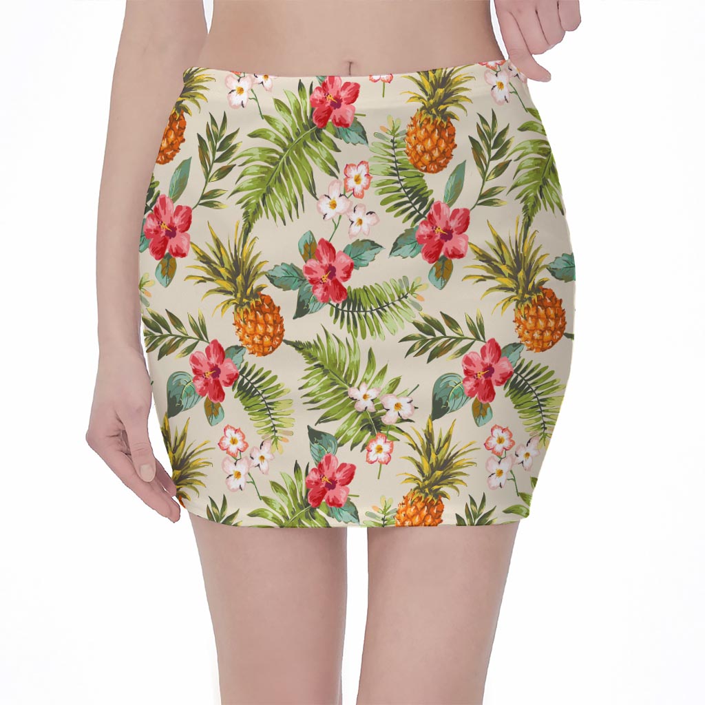 White Aloha Pineapple Pattern Print Pencil Mini Skirt