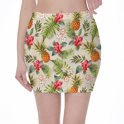 White Aloha Pineapple Pattern Print Pencil Mini Skirt