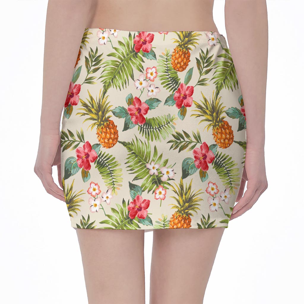 White Aloha Pineapple Pattern Print Pencil Mini Skirt