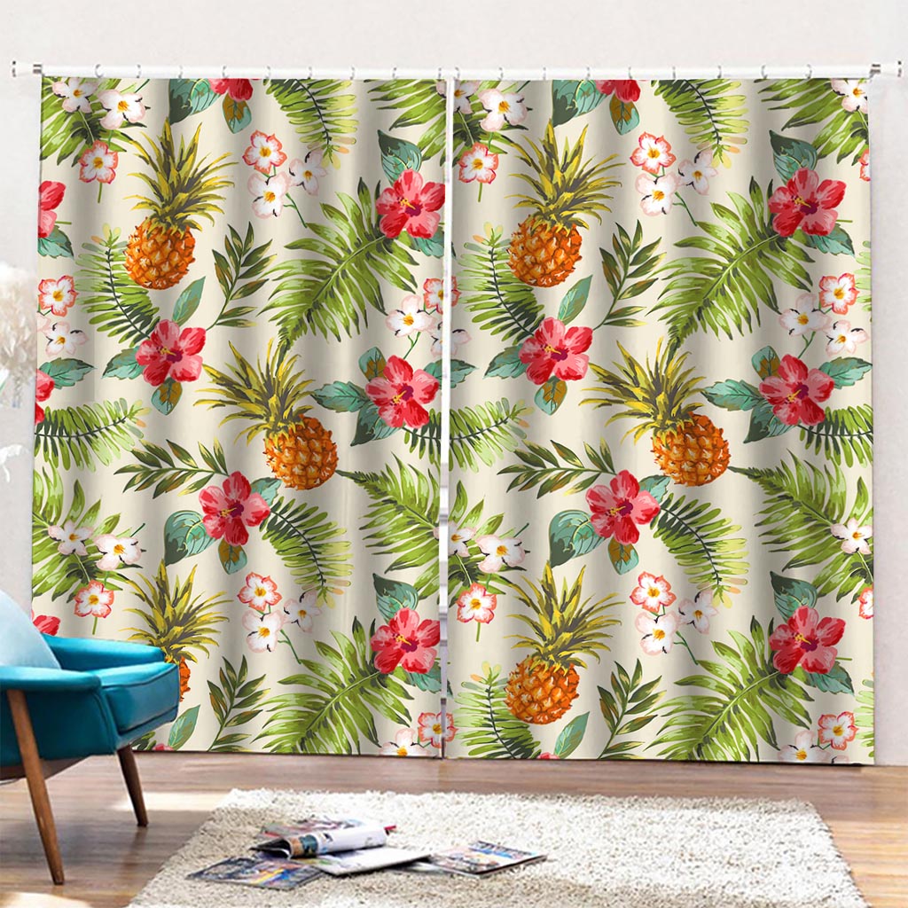 White Aloha Pineapple Pattern Print Pencil Pleat Curtains