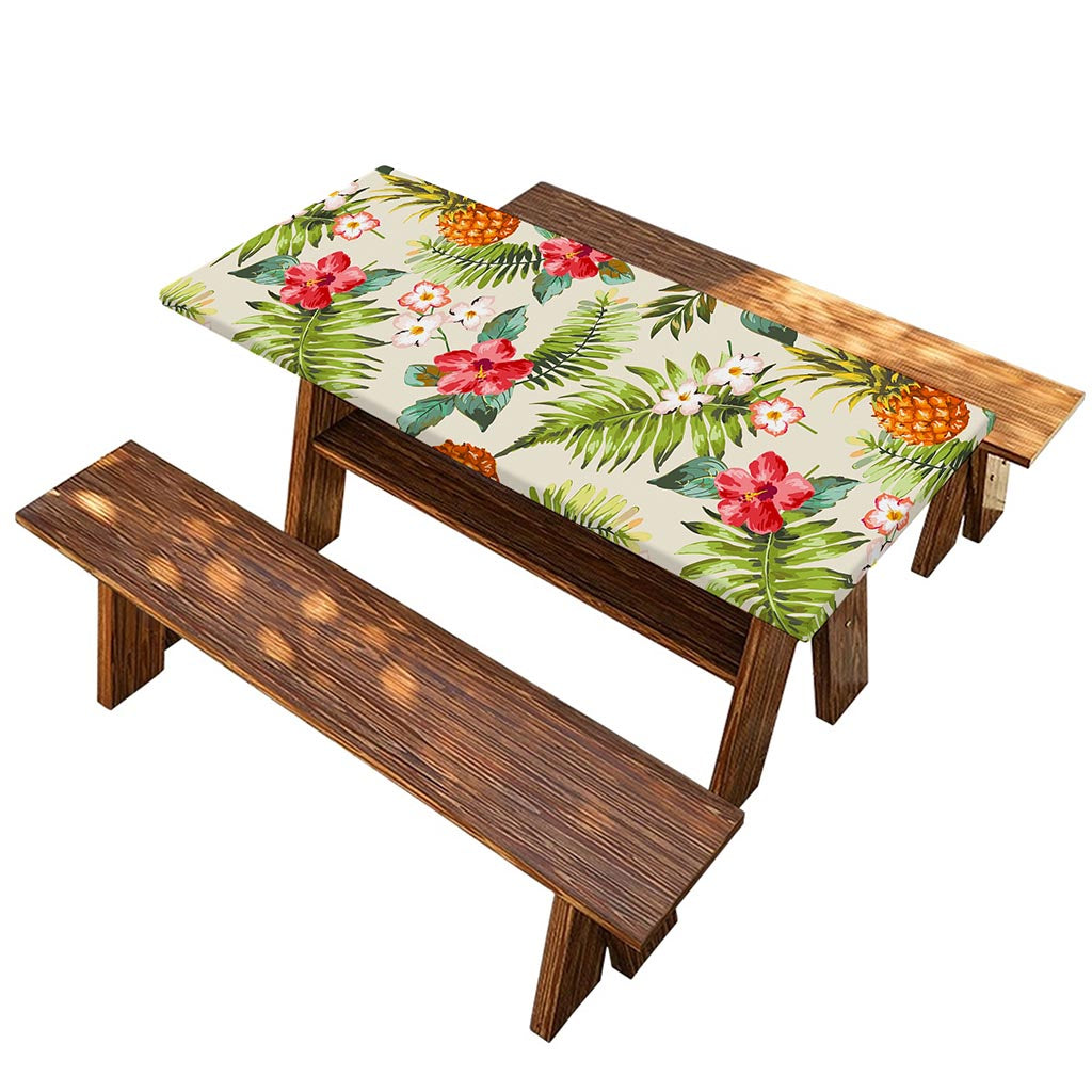 White Aloha Pineapple Pattern Print Picnic Table Cover