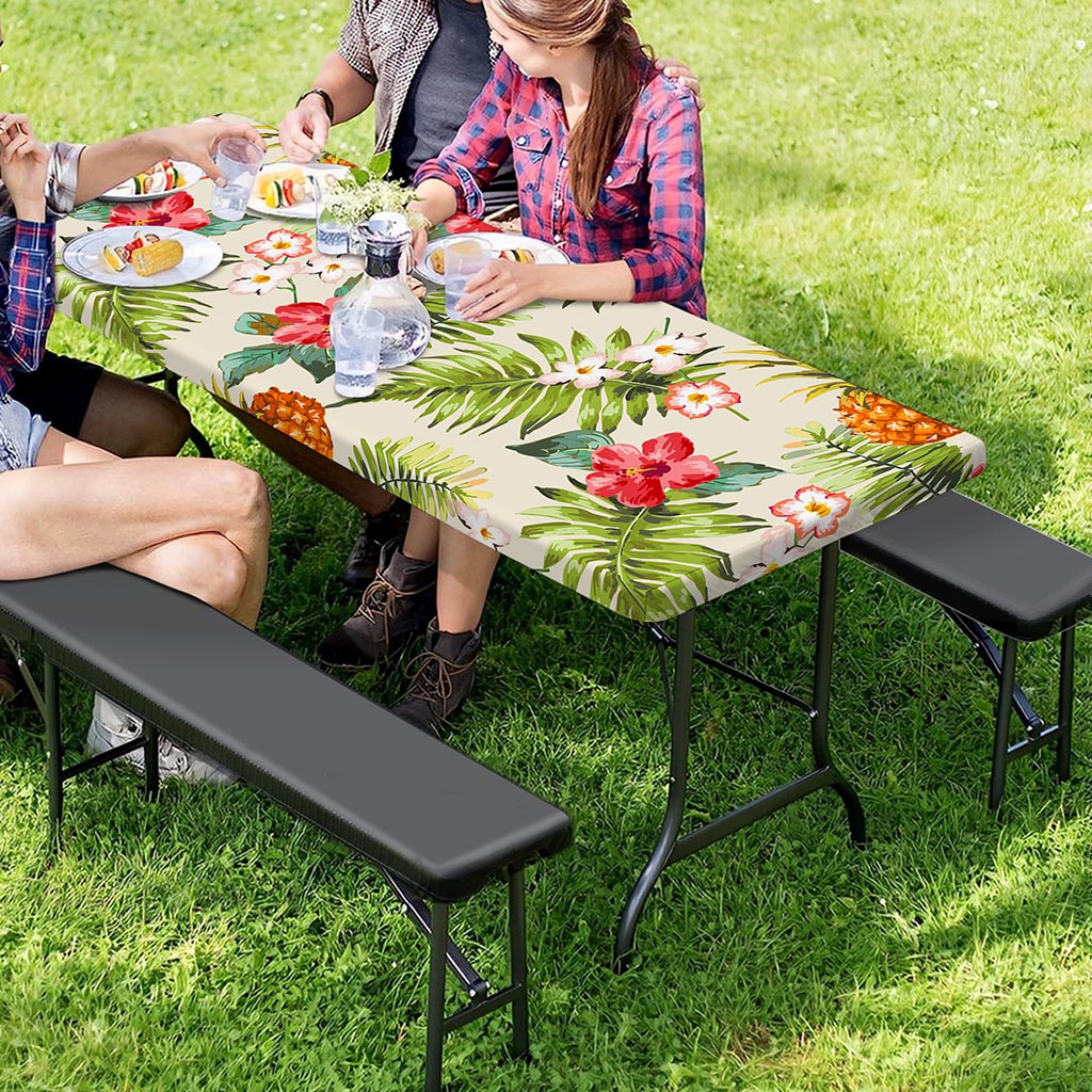 White Aloha Pineapple Pattern Print Picnic Table Cover