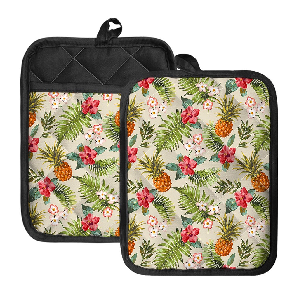 White Aloha Pineapple Pattern Print Pot Holders With Pocket