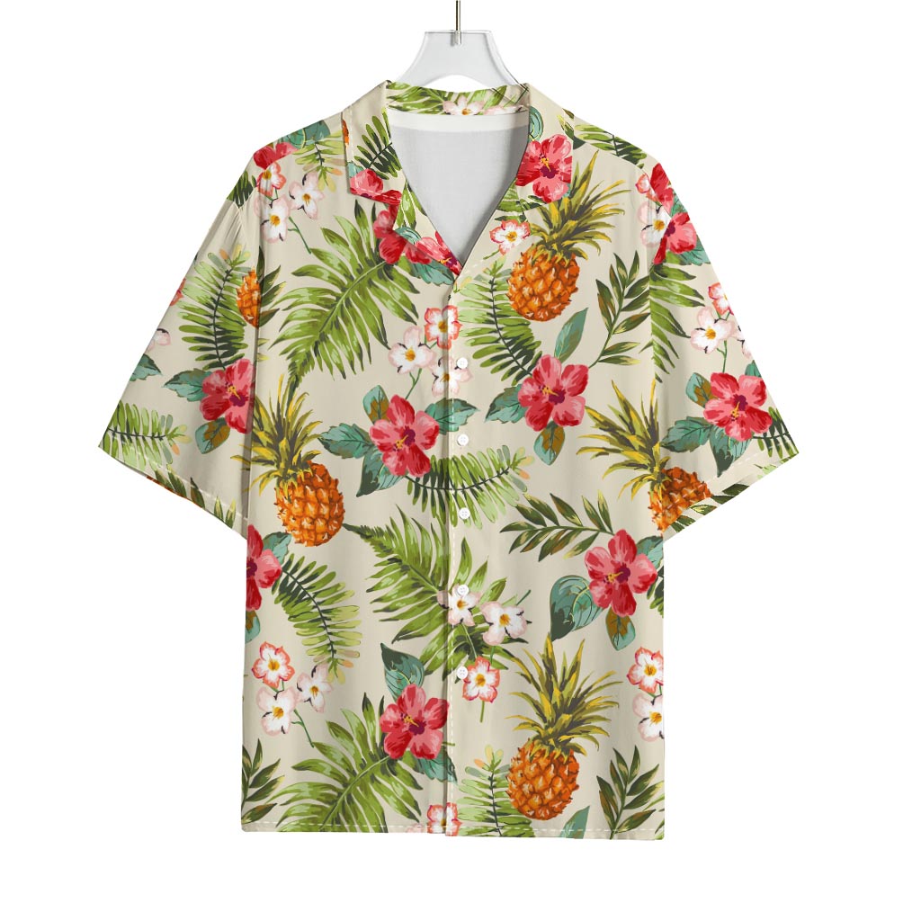 White Aloha Pineapple Pattern Print Rayon Hawaiian Shirt