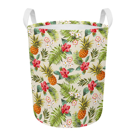 White Aloha Pineapple Pattern Print Round Laundry Basket