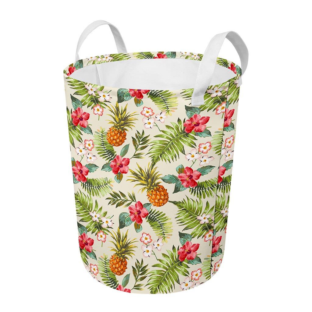 White Aloha Pineapple Pattern Print Round Laundry Basket