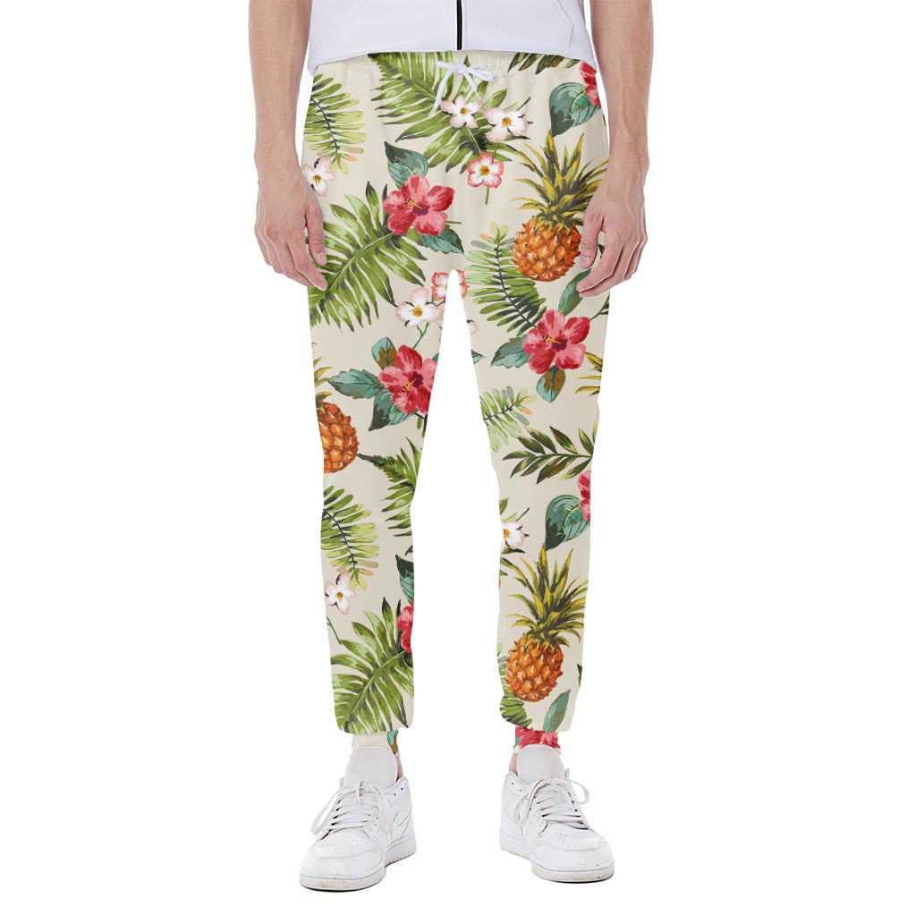 White Aloha Pineapple Pattern Print Scuba Joggers