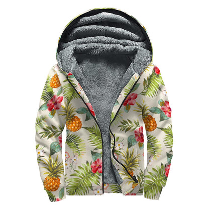 White Aloha Pineapple Pattern Print Sherpa Lined Zip Up Hoodie