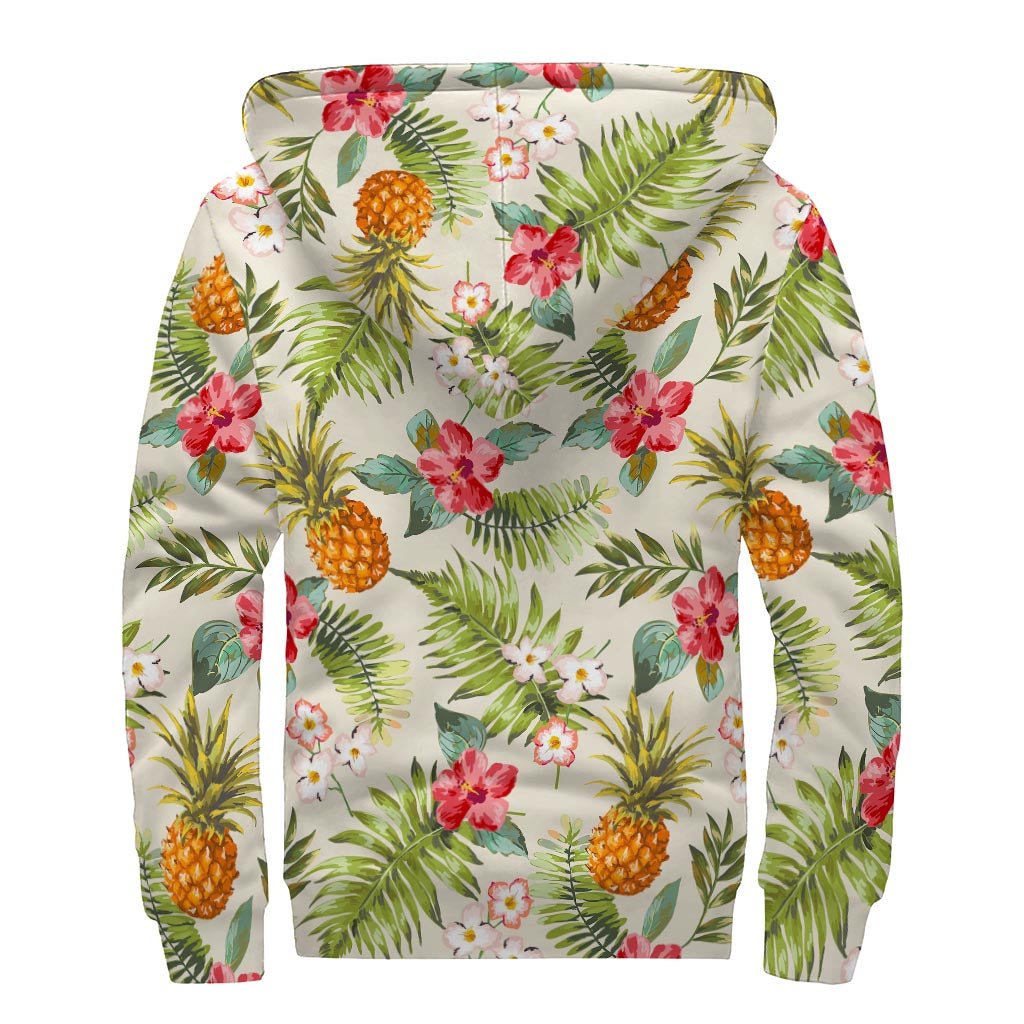 White Aloha Pineapple Pattern Print Sherpa Lined Zip Up Hoodie