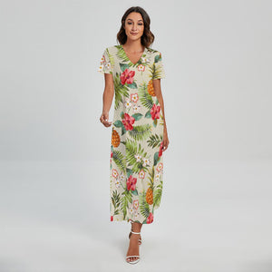 White Aloha Pineapple Pattern Print Short Sleeve Maxi Dress