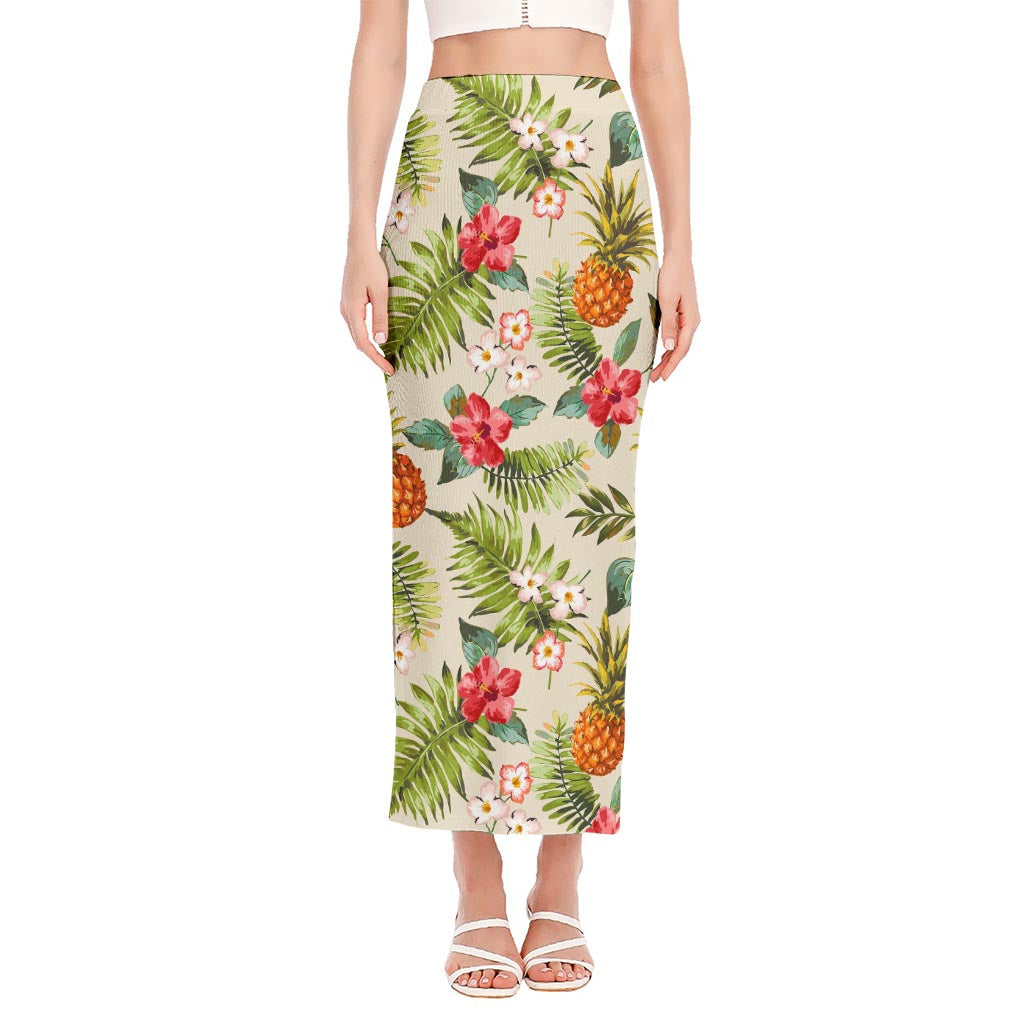 White Aloha Pineapple Pattern Print Side Slit Maxi Skirt