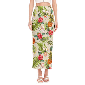 White Aloha Pineapple Pattern Print Side Slit Maxi Skirt