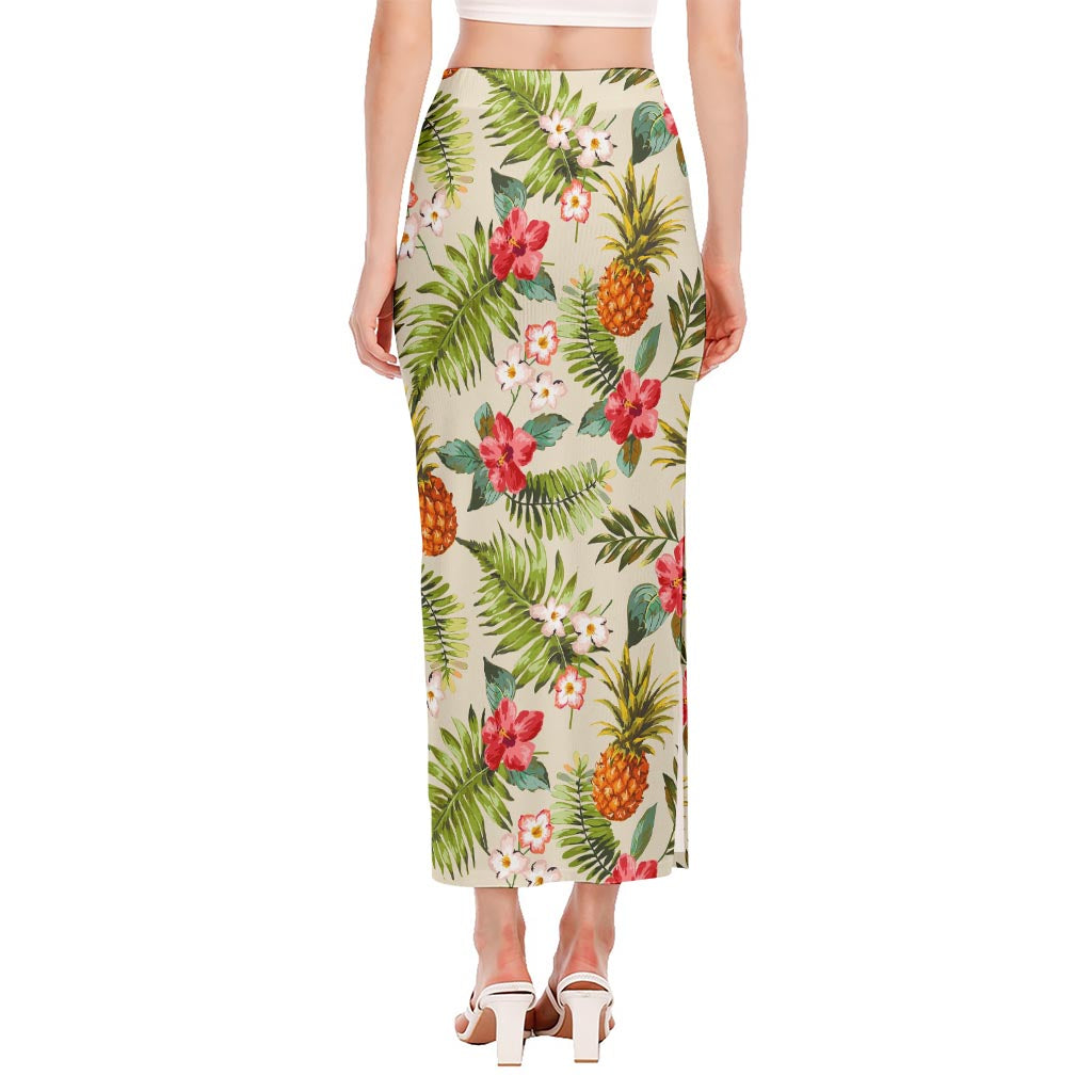 White Aloha Pineapple Pattern Print Side Slit Maxi Skirt