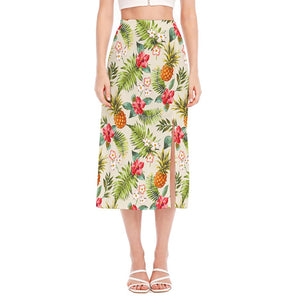 White Aloha Pineapple Pattern Print Side Slit Midi Skirt