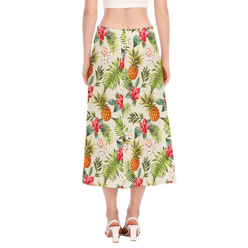 White Aloha Pineapple Pattern Print Side Slit Midi Skirt