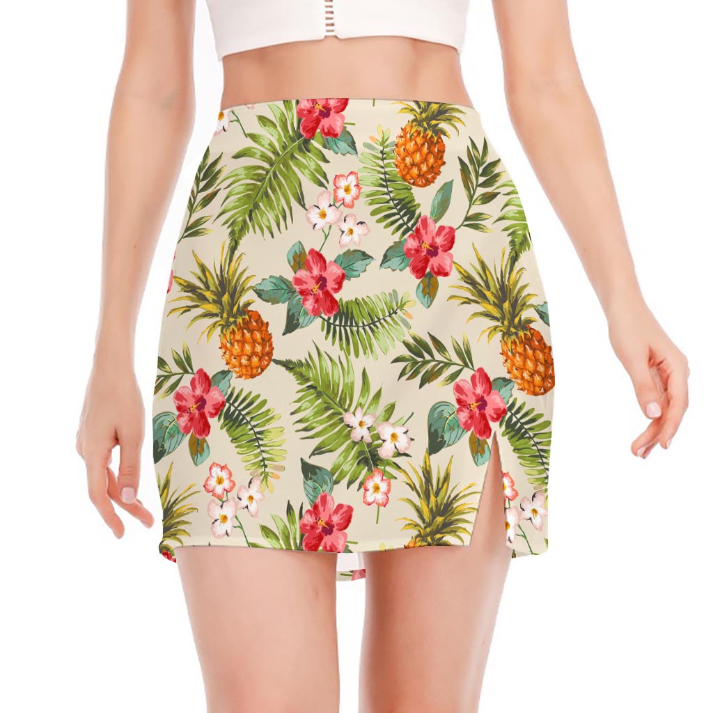 White Aloha Pineapple Pattern Print Side Slit Mini Skirt