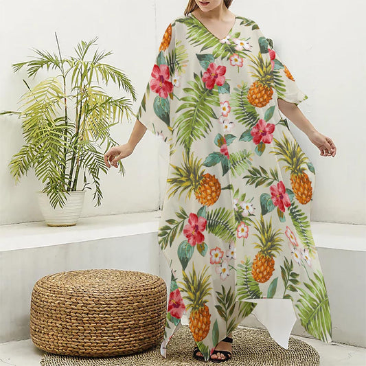 White Aloha Pineapple Pattern Print Silk V-Neck Kaftan Dress