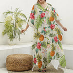 White Aloha Pineapple Pattern Print Silk V-Neck Kaftan Dress