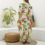 White Aloha Pineapple Pattern Print Silk V-Neck Kaftan Dress